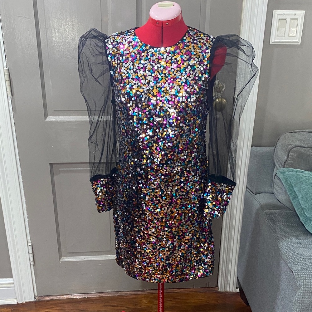 Sequin Multicolor Mini Dress with Sheer Sleeves
